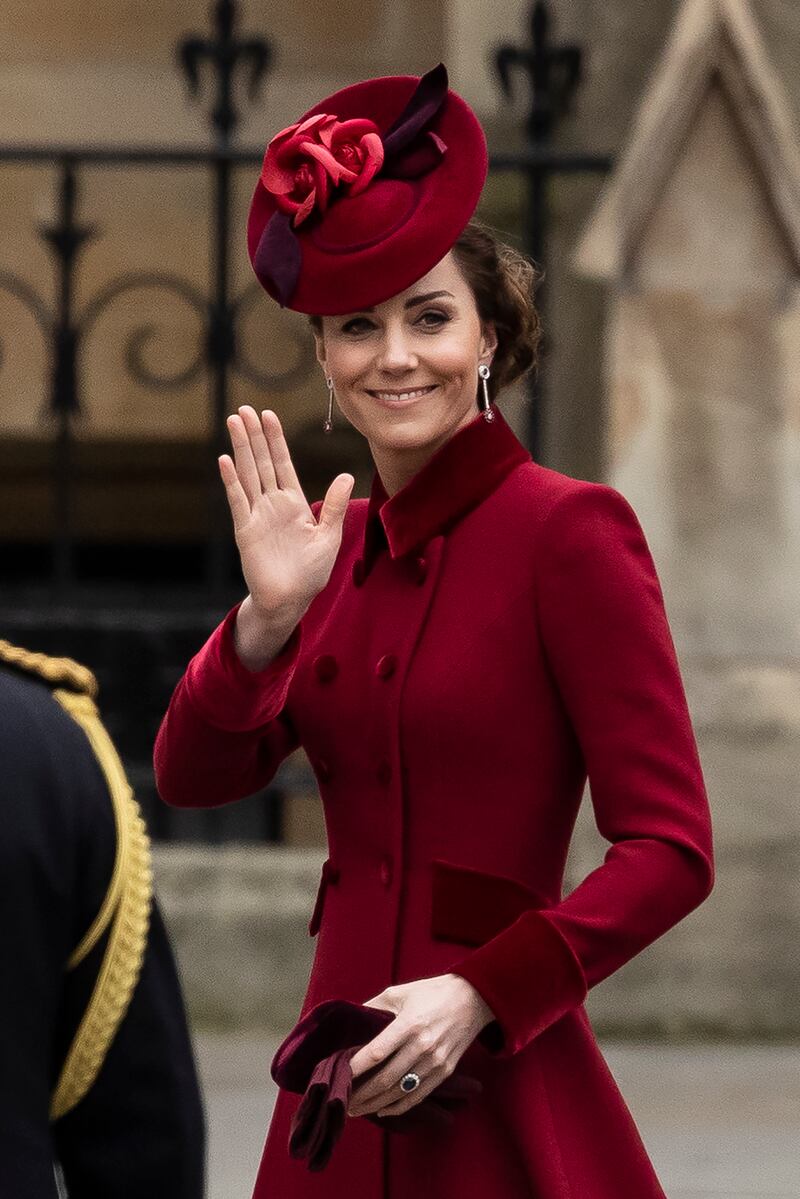 Catherine, Duchess of Cambridge, in a red Catherine Walker coat attends the Commonwealth Day Service 2020 at Westminster Abbey on March 9, 2020. Getty Images