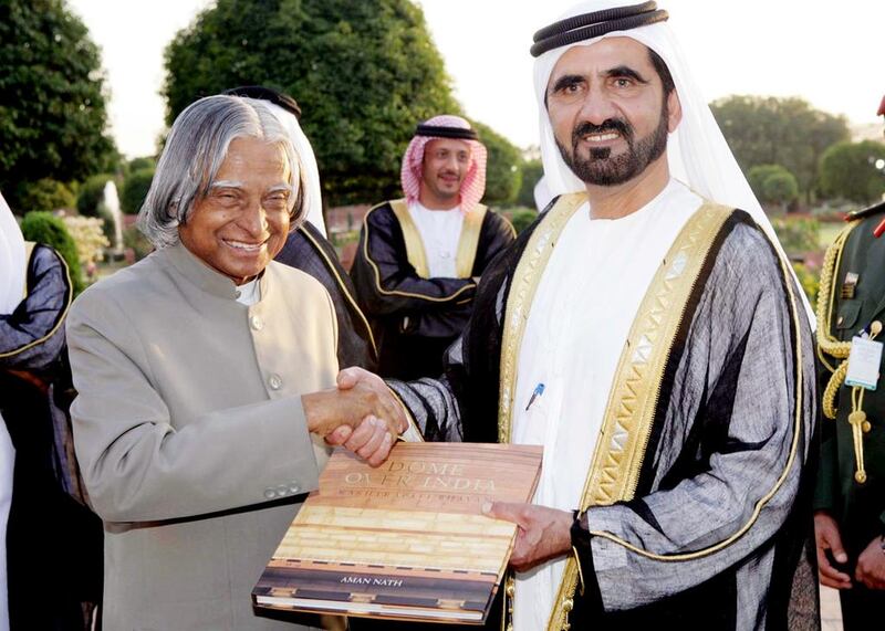 Sheikh Mohammed bin Rashid, Vice President of UAE and Ruler of Dubai, is greeted by APJ Abdul Kalam, the former Indian president, at the presidential palace in New Delhi on March 26, 2007. AFP Photo / RB Photo