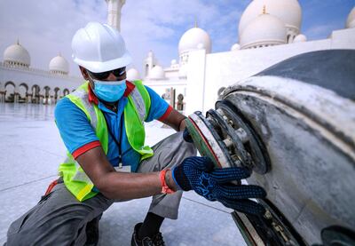 Abu Dhabi, United Arab Emirates, August 9, 2020. 
 Sheikh Zayed Grand Mosque has completed its scheduled maintenance. It's done oncein 10 years. 
Victor Besa /The National
Section: NA
Reporter:  Haneen Dajani