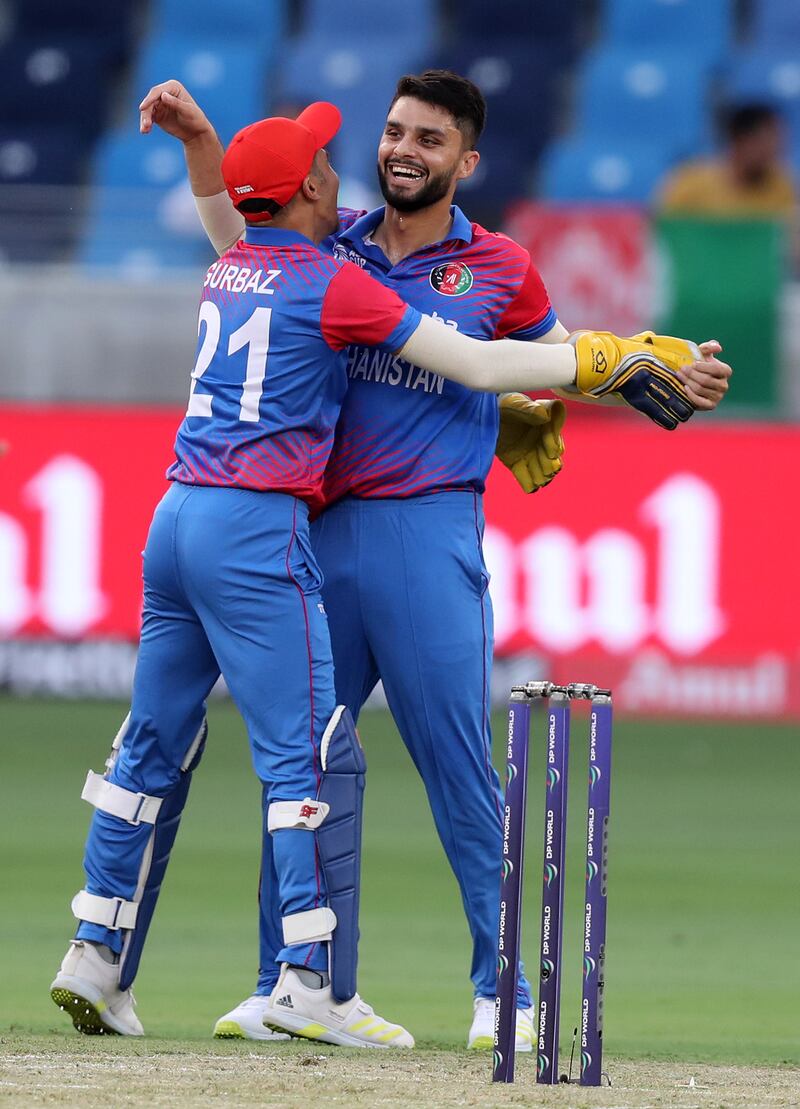 Afghanistan's Naveen-ul-Haq takes the wicket of Sri Lanka's Pathum Nissanka. Chris Whiteoak / The National