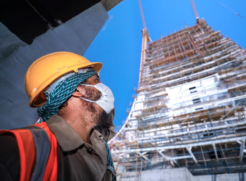 Abu Dhabi, United Arab Emirates, September 27, 2020.  Abu Dhabi City Municipality inspectors check safety standards of a construction site at the Al Raha Gardens, Abu Dhabi.
Victor Besa/The National
Section:  NA
Reporter:  Haneen Dajani