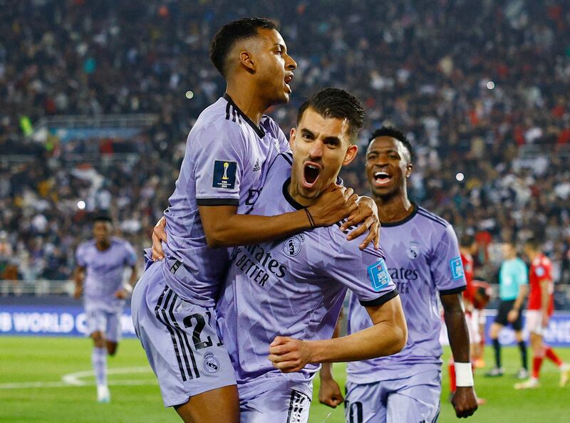 Real Madrid's Rodrygo celebrates scoring their third goal with Dani Ceballos in the 4-1 Club World Cup semi-final win against Al Ahly at Prince Moulay Abdellah Stadium, Rabat, Morocco on February 8, 2023, Reuters