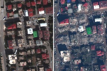 A neighbourhood in Islahiye, Turkey, before and after the 2023 earthquake. AP Photo