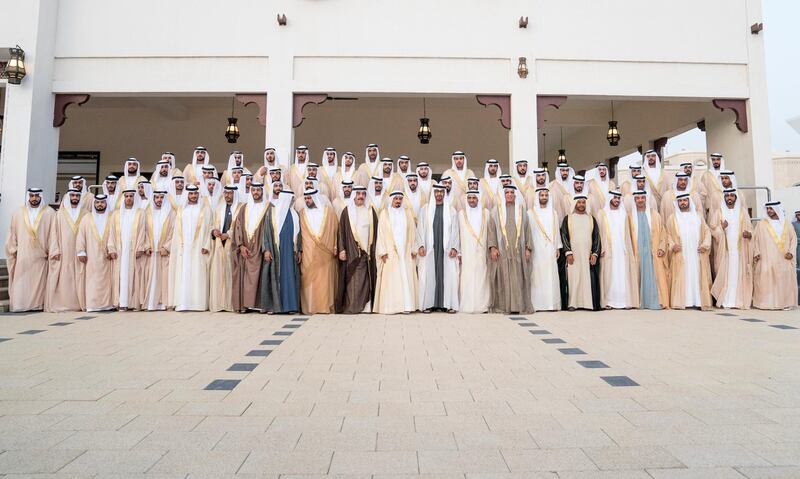 ABU DHABI, UNITED ARAB EMIRATES - January 21, 2018: HH Sheikh Hamdan bin Mubarak Al Nahyan (front row 2nd R), HH Sheikh Hazza bin Zayed Al Nahyan, Vice Chairman of the Abu Dhabi Executive Council (front row 4th R), HH Sheikh Suroor bin Mohamed Al Nahyan (front row 6th R), HH Sheikh Mohamed bin Saud bin Saqr Al Qasimi, Crown Prince and Deputy Ruler of Ras Al Khaimah (front row 7th R), HH Sheikh Saud bin Saqr Al Qasimi, UAE Supreme Council Member and Ruler of Ras Al Khaimah (front row 8th R), HH Sheikh Hamad bin Mohamed Al Sharqi, UAE Supreme Council Member and Ruler of Fujairah (front row 9th R), HH Sheikh Mohamed bin Zayed Al Nahyan, Crown Prince of Abu Dhabi and Deputy Supreme Commander of the UAE Armed Forces (front row 10th R), HH Sheikh Humaid bin Rashid Al Nuaimi, UAE Supreme Council Member and Ruler of Ajman (front row 11th R), HH Sheikh Saud bin Rashid Al Mu'alla, UAE Supreme Council Member and Ruler of Umm Al Quwain ( front row 12th R), HH Sheikh Mohamed bin Hamad Al Sharqi, Crown Prince of Fujairah (front row 13th R), HH Sheikh Nahyan bin Mubarak Al Nahyan, UAE Minister of State for Tolerance ( front row 14th R), HH Sheikh Saeed bin Saif bin Mohamed Al Nahyan ( front row 15th R), HH Sheikh Ahmed bin Hamdan bin Mohamed Al Nahya (front row 16th R) stand for a photograph during a mass wedding reception for HH Sheikh Mubarak bin Hamdan bin Mubarak Al Nahyan (front row 5th R), HH Sheikh Mohamed bin Ahmed bin Hamdan Al Nahyan (front row 17th R) and other grooms, at Majlis Al Bateen.

( Hamad Al Kaabi / Crown Prince Court - Abu Dhabi )
—