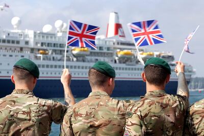 epa07625291 A handout picture provided by the British Royal Navy showing British Royal Marines from 40 Commando welcome veterans of the D -Day landings as they arrive on the ship MV Boudicca, in Poole Harbour, southern England, 04 June 2019, as D Day veterans sail to take part in the national memorial events marking the 75th anniversary of the Allied landings on the beaches of Normandy, France, 06 June 1944. Reports stae that that more than 300 Normandy veterans have begun their journeys to D-Day75 events in Portsmouth and in Normandy. Around 250 veterans, who are now all over 90 years old, departed Dover last night on a specially-commissioned ship (MV Boudicca) chartered with funds from The Royal British Legion and a LIBOR grant from HM Treasury. World leaders are to attend memorial events in Normandy, France on 06 June 2019 to mark the 75th anniversary of the D-Day landings, which marked the beginning of the end of World War II in Europe.  EPA/Pophot ARRON HOARE /BRITISH MINISTRY OF DEFENCE/HANDOUT MANDATORY CREDIT: MOD Pophot ARRON HOARE /CROWN COPYRIGHT HANDOUT EDITORIAL USE ONLY/NO SALES