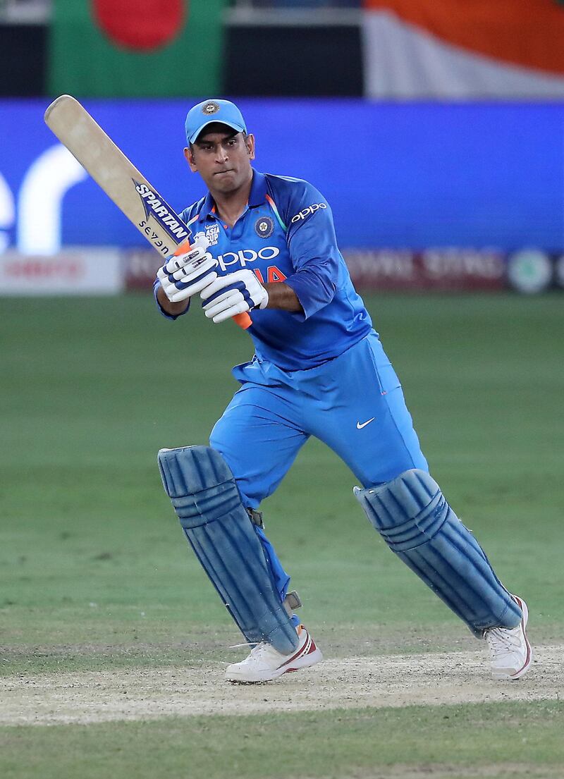 DUBAI , UNITED ARAB EMIRATES, September 28 , 2018 :- MS Dhoni playing a shot during the final of Unimoni Asia Cup UAE 2018 cricket match between Bangladesh vs India held at Dubai International Cricket Stadium in Dubai. ( Pawan Singh / The National )  For News/Sports/Instagram/Big Picture. Story by Paul