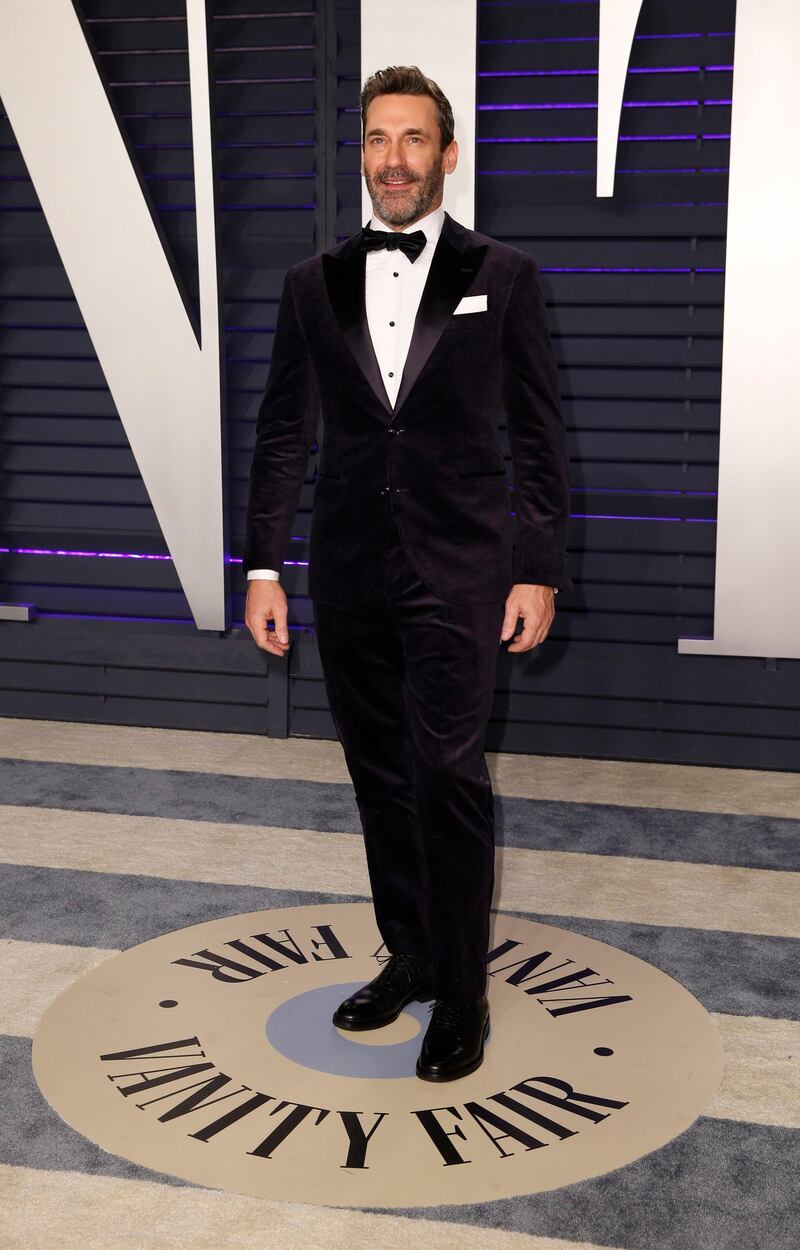 Jon Hamm in Brunello Cucinelli arrives at the 2019 Vanity Fair Oscar Party. Reuters