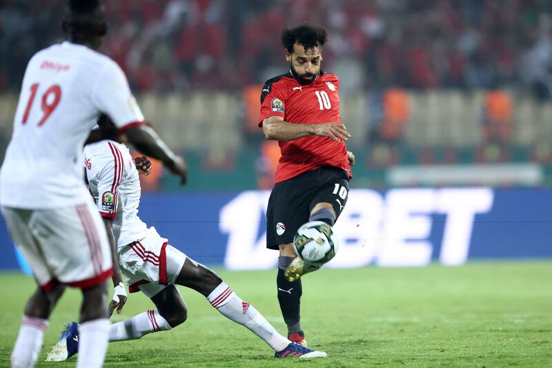 Egypt's Mohamed Salah hoots at goal. AFP