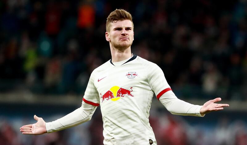 Timo Werner celebrates after scoring for RB Leipzig against FC Union Berlin. EPA
