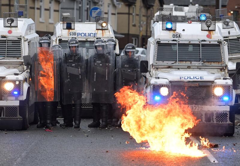 BELFAST, NORTHERN IRELAND - APRIL 08: Nationalists attack Police on Springfield Road just up from Peace Wall interface gates which divide the nationalist and loyalist communities on April 8, 2021 in Belfast, Northern Ireland. Trouble has flared for a second night running in the Springfield Road area of Belfast. US President Joe Biden joined UK prime minister Boris Johnson and the Irish prime minister Micheal Martin in a call for calm. Police are describing events as the worst scale of violence seen in Belfast for years. (Photo by Charles McQuillan/Getty Images)