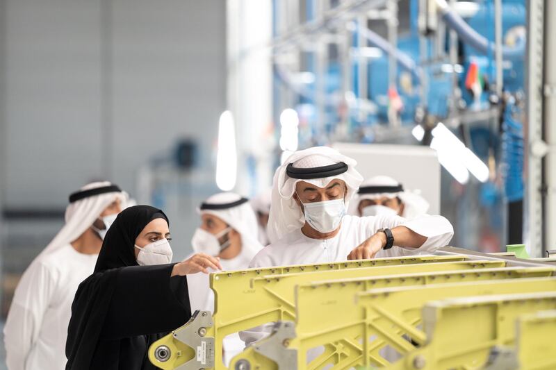 AL AIN, ABU DHABI, UNITED ARAB EMIRATES - June 24, 2020: HH Sheikh Mohamed bin Zayed Al Nahyan, Crown Prince of Abu Dhabi and Deputy Supreme Commander of the UAE Armed Forces (R) visits Strata Manufacturing PJSC, at Al Ain International airport.

( Abdullah Al Junaibi for the Ministry of Presidential Affairs )
---