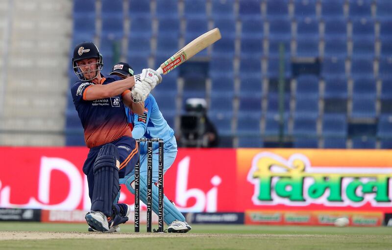 ABU DHABI , UNITED ARAB EMIRATES , Nov 20 – 2019 :- Chris Lynn of Maratha Arabians playing a shot during the Abu Dhabi T10 Cricket match between Maratha Arabians vs Karnataka Tuskers at Sheikh Zayed Cricket Stadium in Abu Dhabi. ( Pawan Singh / The National )  For Sports. Story by Paul