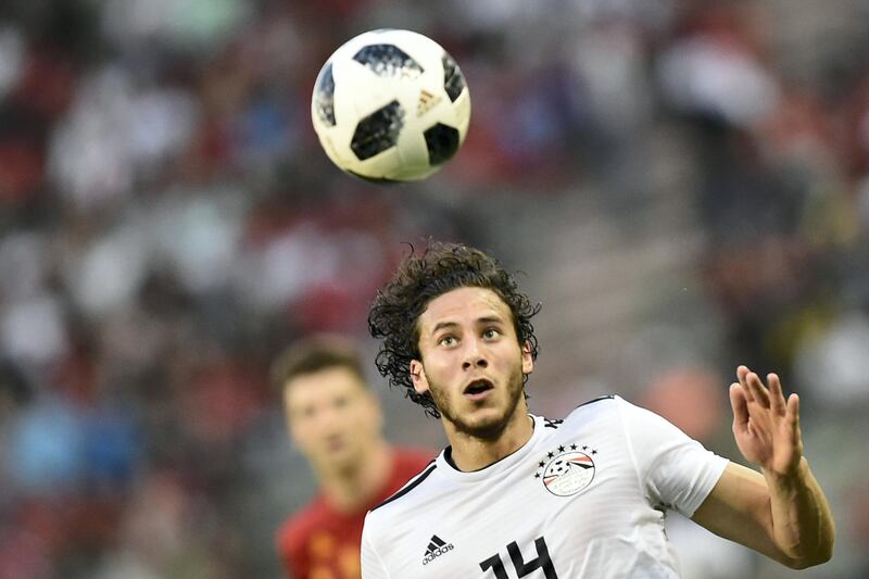 Egypt's midfielder Ramadan Sobhi eyes the ball as he controls it during the international friendly football match between Belgium and Egypt at the King Baudouin Stadium, in Brussels, on June 6, 2018. / AFP PHOTO / JOHN THYS