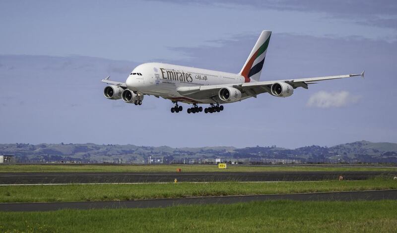 An Emirates Airbus A380 touching down in Auckland. Ollie Dale/AFP