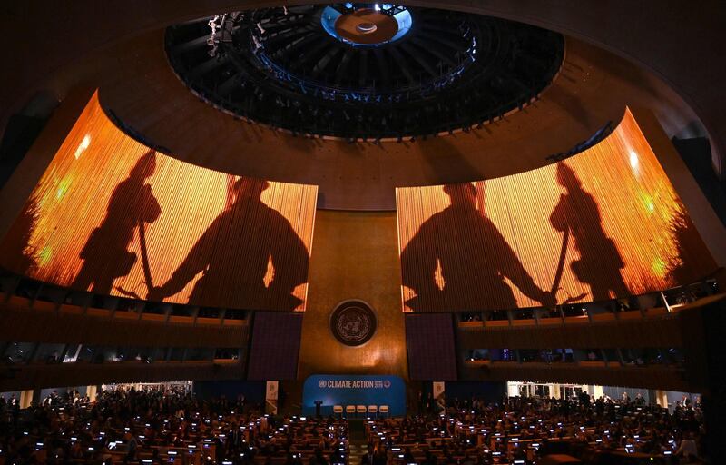 The General Assembly Hall is seen during the Climate Action Summit 2019 in the United Nations General Assembly Hall  in New York City.  AFP