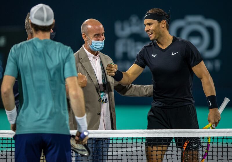 Rafael Nadal and Andy Murray at the net ahead of the semi-final match at the Mubadala World Tennis Championship. Victor Besa / The National