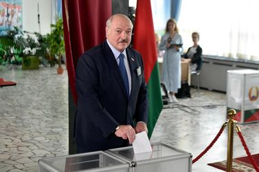 Belarusian President Alexander Lukashenko casts his ballot at a polling station in Minsk during the presidential election on August 9, 2020. Reuters