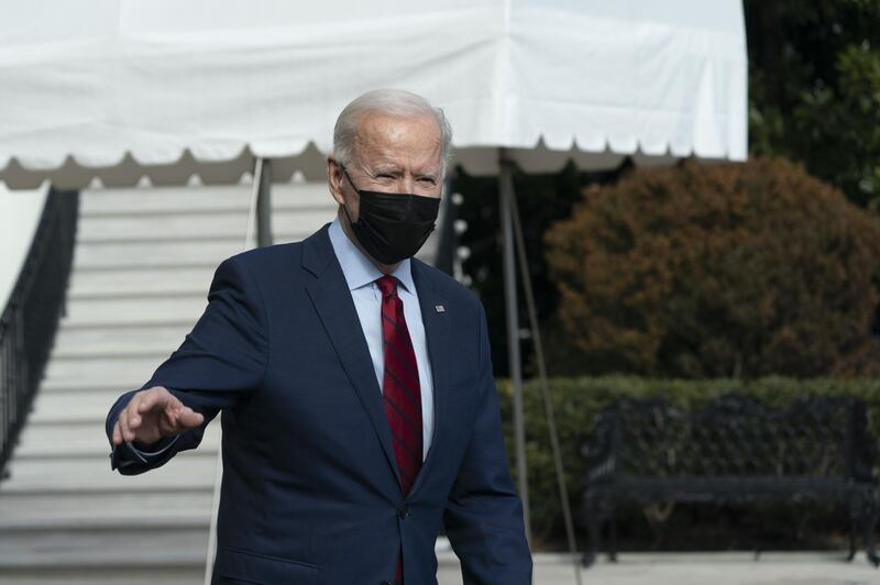 U.S. President Joe Biden speaks to members of the media before boarding Marine One on the South Lawn of the White House in Washington, D.C., U.S., on Saturday, Feb. 27, 2021. The U.S. House passed Biden's $1.9 trillion pandemic-relief plan, spanning $1,400 stimulus checks, enhanced jobless benefits and fresh funding for vaccines and testing. Photographer: Chris Kleponis/CNP/Bloomberg