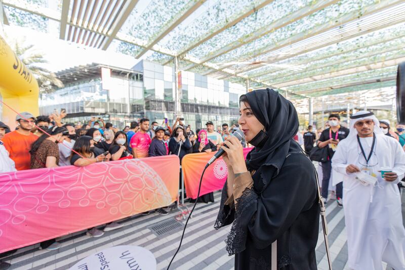 Reem Al Hashimy, Minister of State for International Co-operation and Director General of  Expo 2020 Dubai, speaks to participants at the start of the Walk for People and Planet. Photo: Expo 2020 Dubai.