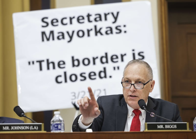 Andy Biggs, a US representative from Arizona, questions Homeland Security Secretary Alejandro Mayorkas as he speaks before the House Judiciary Committee. AFP
