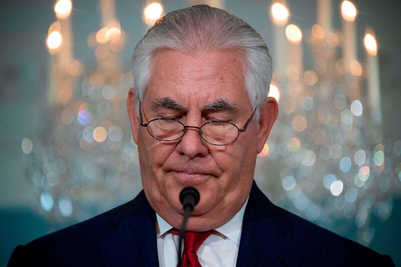 (FILES) In this file photo taken on October 4, 2017 US Secretary of State Rex Tillerson makes a statement to the press at the State Department in Washington, DC.
Outgoing US Secretary of State Rex Tillerson did not speak to President Donald Trump before he was sacked on March 13, 2018 and has not been given a reason for his ouster, a top aide said. "The secretary did not speak to the president this morning and is unaware of the reason, but he is grateful for the opportunity to serve, and still believes strongly that public service is a noble calling and not to be regretted," Undersecretary of State Steve Goldstein said.
 / AFP PHOTO / JIM WATSON