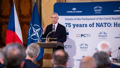 Secretary General Jens Stoltenberg delivering a speech at a Nato conference in Prague on Thursday. EPA