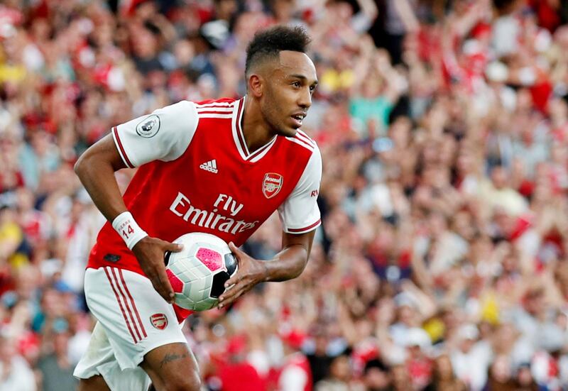 Arsenal's Pierre-Emerick Aubameyang celebrates scoring their second goal. Reuters