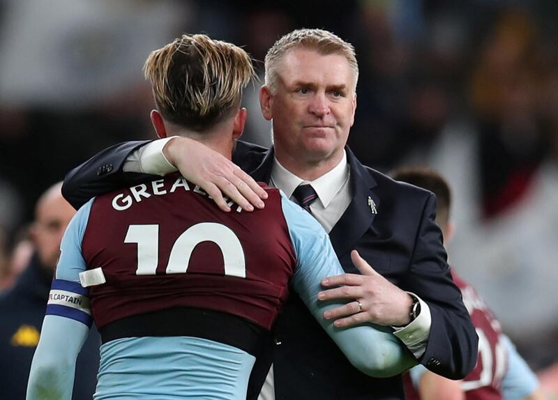 Soccer Football - Carabao Cup Final - Aston Villa v Manchester City - Wembley Stadium, London, Britain - March 1, 2020  Aston Villa's Jack Grealish and Aston Villa manager Dean Smith hug after the match  REUTERS/Chris Radburn  EDITORIAL USE ONLY. No use with unauthorized audio, video, data, fixture lists, club/league logos or "live" services. Online in-match use limited to 75 images, no video emulation. No use in betting, games or single club/league/player publications.  Please contact your account representative for further details.