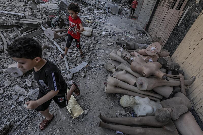 Mannequins are visible within the rubble of a destroyed Al Shorouq tower after a ceasefire between Israel and Gaza fighters, in Beit Hanoun, the northern Gaza Strip. EPA