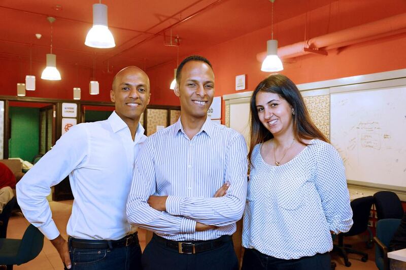 From left: Madad founders Sameh Awad, Hazem Saleh and Heba Baghat say their platform allows donors to not only send their funding directly to specific projects but also to track the execution of their donation. Dana Smillie for The National