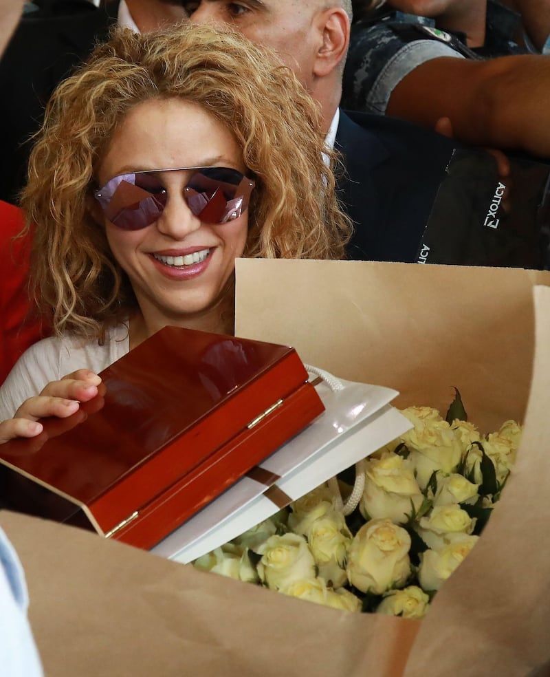 Shakira was greeted in Beirut with gifts and roses. Photo / AFP