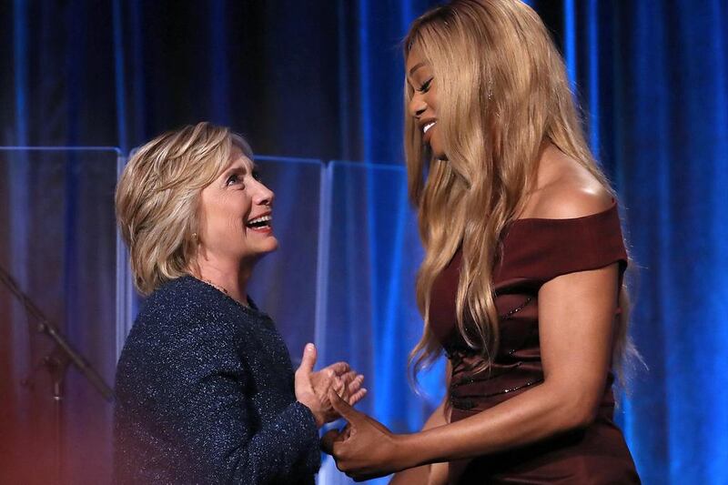Democratic presidential Hillary Clinton, left, greets actress Laverne Cox during the LGBT for Hillary Gala at Cipriani Club in New York City. Justin Sullivan / Getty Images / AFP
