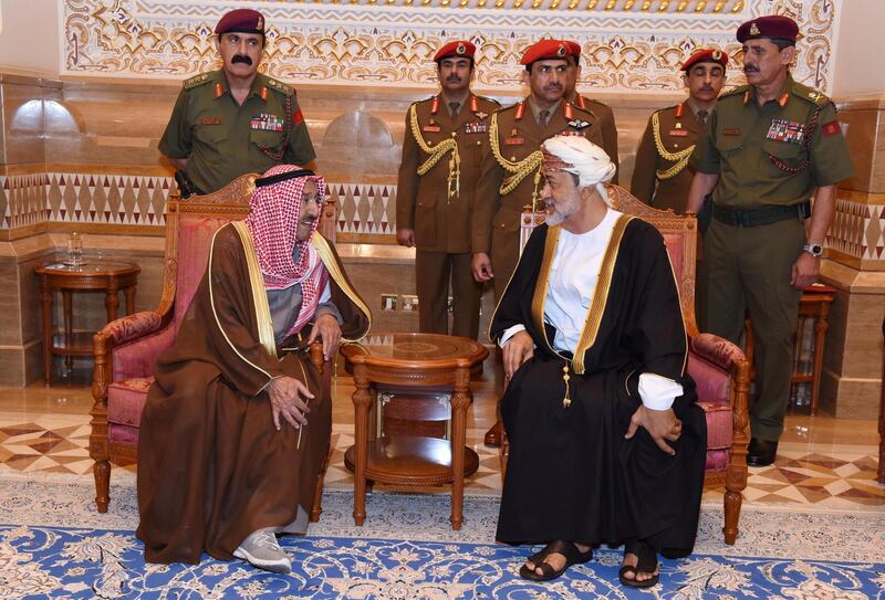 Oman's newly sworn-in Sultan Haitham bin Tariq al-Said receives condolences from Kuwait's Emir Sheikh Sabah Al-Ahmad Al- Jaber Al-Sabah, in Muscat, Oman.  Reuters