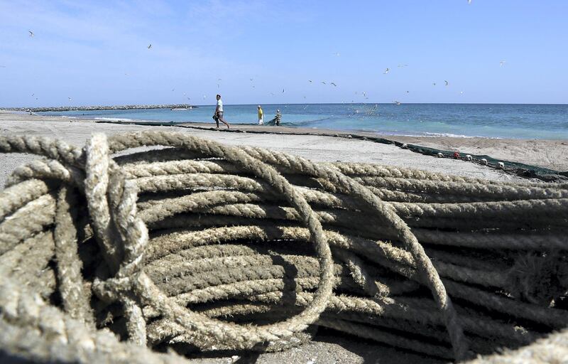 SHARJAH , UNITED ARAB EMIRATES , NOV 22   – 2017 :- Ropes used for pulling the fishing net with old Toyota Land Cruisers near the corniche area at Kalba in Sharjah. The whole process of fishing with these old Land Cruisers is around 5 to 6 hours.  (Pawan Singh / The National) For Weekend