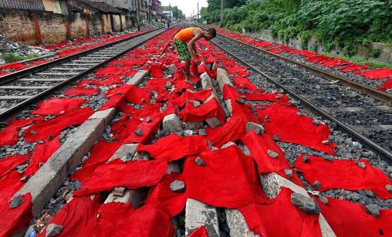 A man lays dyed cattle skins between railway tracks for drying in Kolkata.  Rupak De Chowdhuri / Reuters