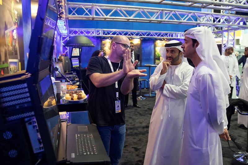 ABU DHABI, UNITED ARAB EMIRATES - February 16, 2019: HH Sheikh Hazza bin Zayed Al Nahyan, Vice Chairman of the Abu Dhabi Executive Council (R), tours the 2019 International Defence Exhibition and Conference (IDEX), at Abu Dhabi National Exhibition Centre (ADNEC).

( Mohamed Al Bloushi )
---