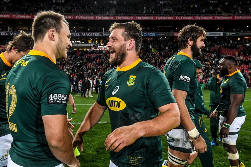 JOHANNESBURG, SOUTH AFRICA - JULY 20:  Frans Steyn of the Springboks and Andre Esterhuizen of the Springboks smile after their win during the The Rugby Championship match between South Africa and Australia at Emirates Airline Park on July 20, 2019 in Johannesburg, South Africa. (Photo by Sydney Seshibedi/Gallo Images/Getty Images