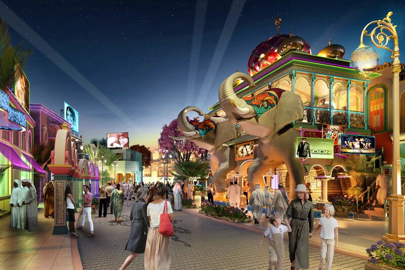 Renderings of the Bollywood Parks theme park in Dubai. The project is scheduled to open in October of 2016. Courtesy Dubai Parks and Resorts