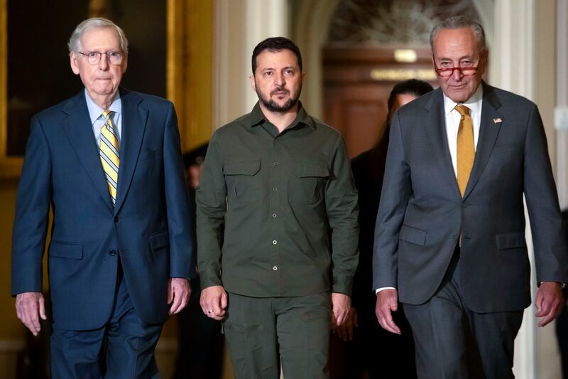 From left, Senator Mitch McConnell, Ukrainian President Volodymyr Zelenskyy and Senate majority leader Chuck Schumer at Capitol Hill in Washington, in September. AP