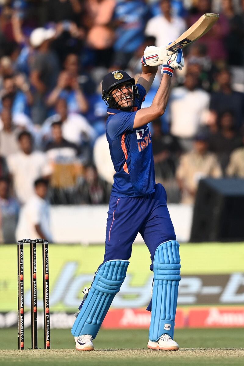 India's Shubman Gill hits a boundary against New Zealand. AFP