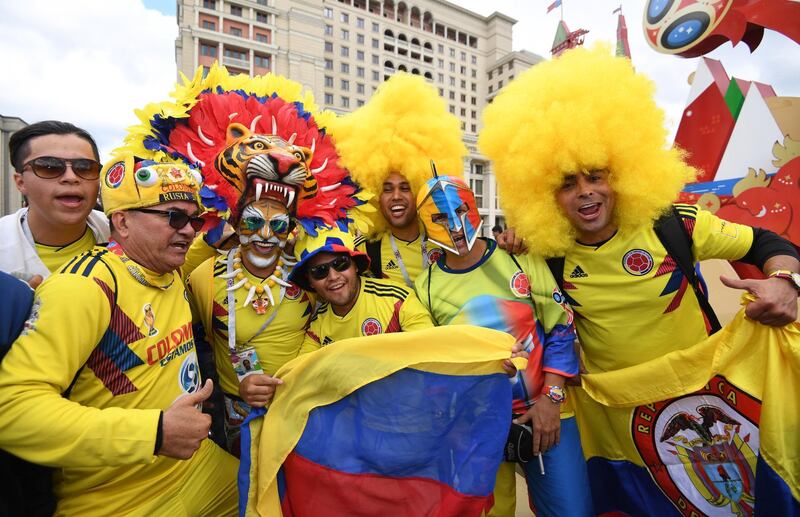 epa06804698 Colombia soccer fans gather near the Red Square in Moscow, Russia, 13 June 2018. Russia will face Saudi Arabia in the opening match of the FIFA World Cup 2018, the group A preliminary round soccer match on 14 June 2018.  EPA/FACUNDO ARRIZABALAGA