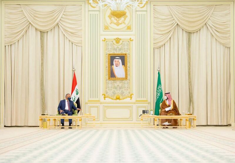Mr Al Kadhimi holds talks with Prince Mohammed. SPA