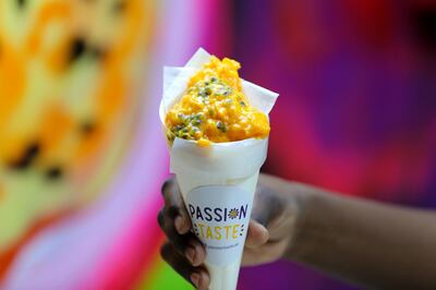 Dubai, United Arab Emirates - Reporter: Janice Rodrigues. Lifestyle. Food. Passion fruit shrimp dynamite from Passion Taste. Food vendors from all over the world at Gobal Village. Dubai. Sunday, January 17th, 2021. Chris Whiteoak / The National