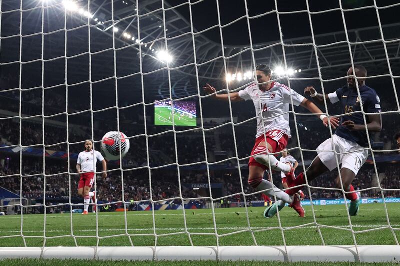 France forward Marcus Thuram scores the opening goal against Gibraltar. AP