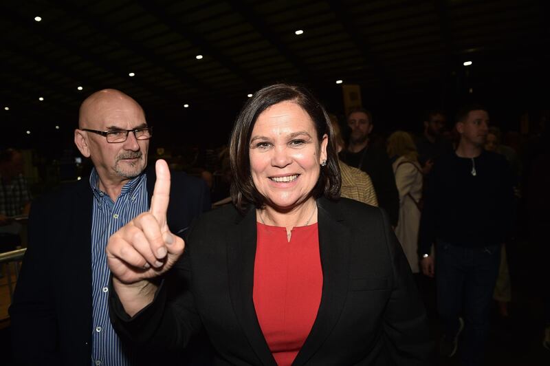 Sinn Fein leader Mary Lou McDonald celebrates with her supporters after being elected at the RDS Count centre on February 9, 2020 in Dublin, Ireland. Getty Images