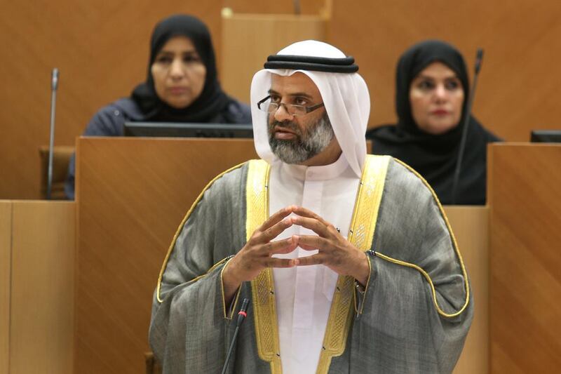 Hamad Al Rahoomi, a representative of Dubai, addresses FNC members during the Federal National Council (FNC) meeting held in Abu Dhabi. Delores Johnson / The National