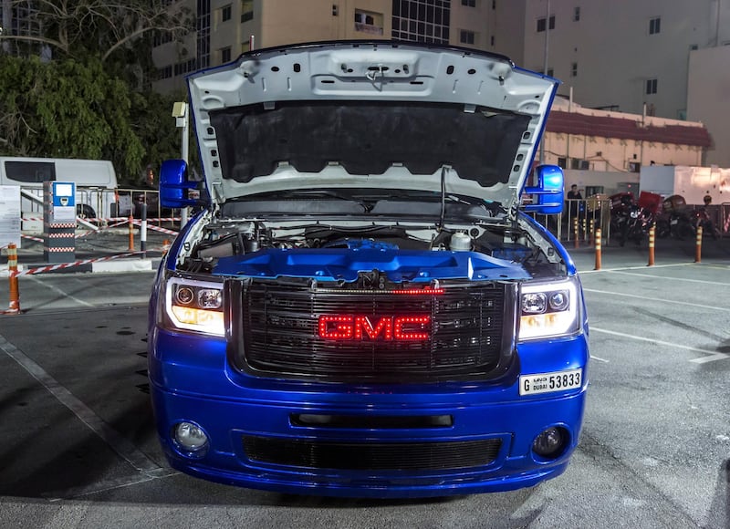 DUBAI, UNITED ARAB EMIRATES - GMC electric blue 3500 HD model 2008 owned by Hasan Al Watani 3rd place winner for The Super Trucks category at UAE Offroaders Show at Al Ghurair Centre.  Leslie Pableo for The National for Adam Workman's story