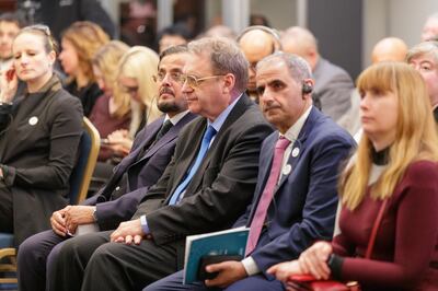 From left: UAE ambassador Maadhad Hareb Al Khaili, Russia's deputy foreign minister Mikhail Bogdanov and Sheikh Zayed Book Award general secretary Dr Ali bin Tamim at the Arab Russian Cultural Dialogue, held in Moscow, Russia on December 9, 2019. Picture by Zoran Mircetic