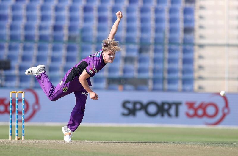 ABU DHABI , UNITED ARAB EMIRATES, October 05, 2018 :- Nathan Ellis of Hobart Hurricanes bowling during the Abu Dhabi T20 cricket match between Lahore Qalanders vs Hobart Hurricanes held at Zayed Cricket Stadium in Abu Dhabi. ( Pawan Singh / The National )  For Sports. Story by Amith