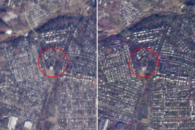 Satellite image shows Makiivka before, left, and after, right, the shelling in which Russian military personnel were killed. Photo: Planet Labs PBC